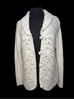 Coldwater Creek Made Japan Wool Blend Cardigan L Cream White Loop Knit Vintage